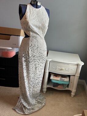 Vintage Cache white silver sequin formal dress